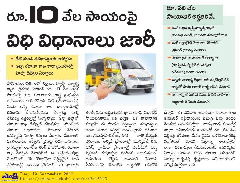 YSR Scheme Rs 10000 for auto-taxi drivers